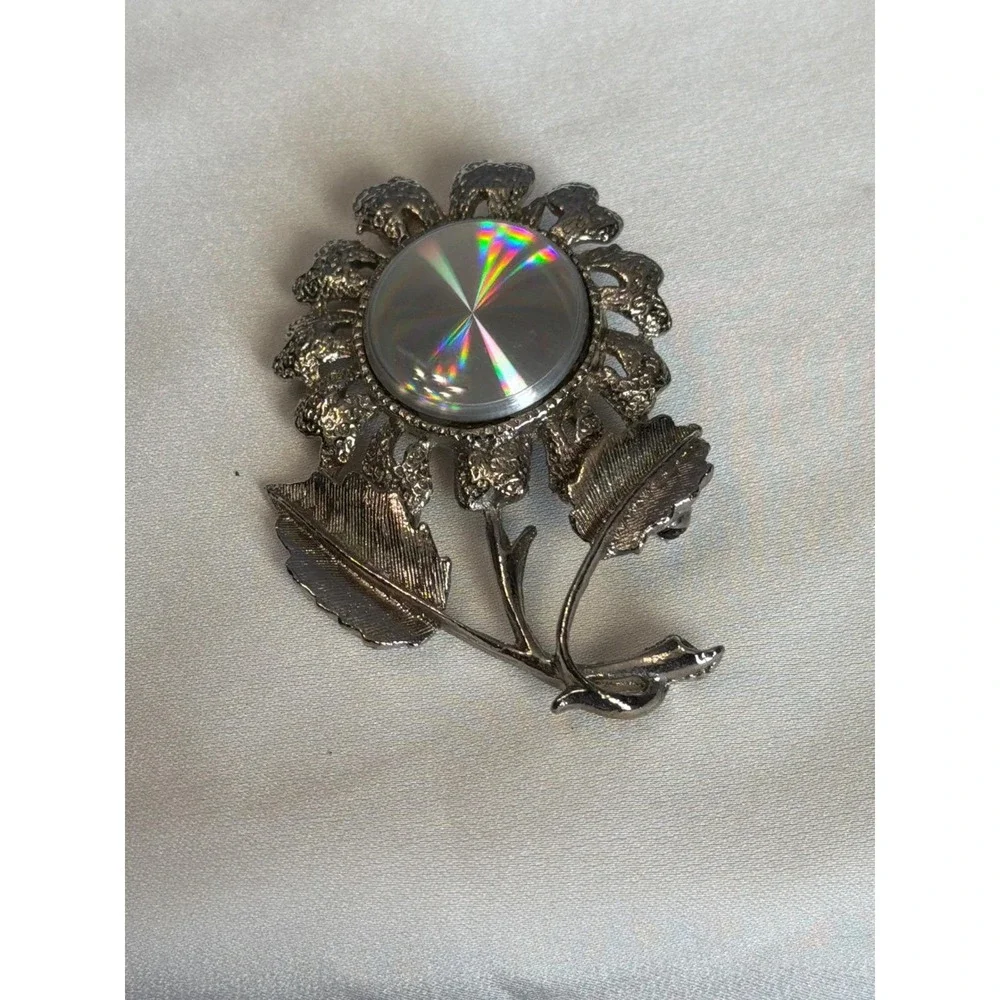 Vintage Jewelarama Silver Tone Floral Brooch Iridescent Rainbow Center Stone